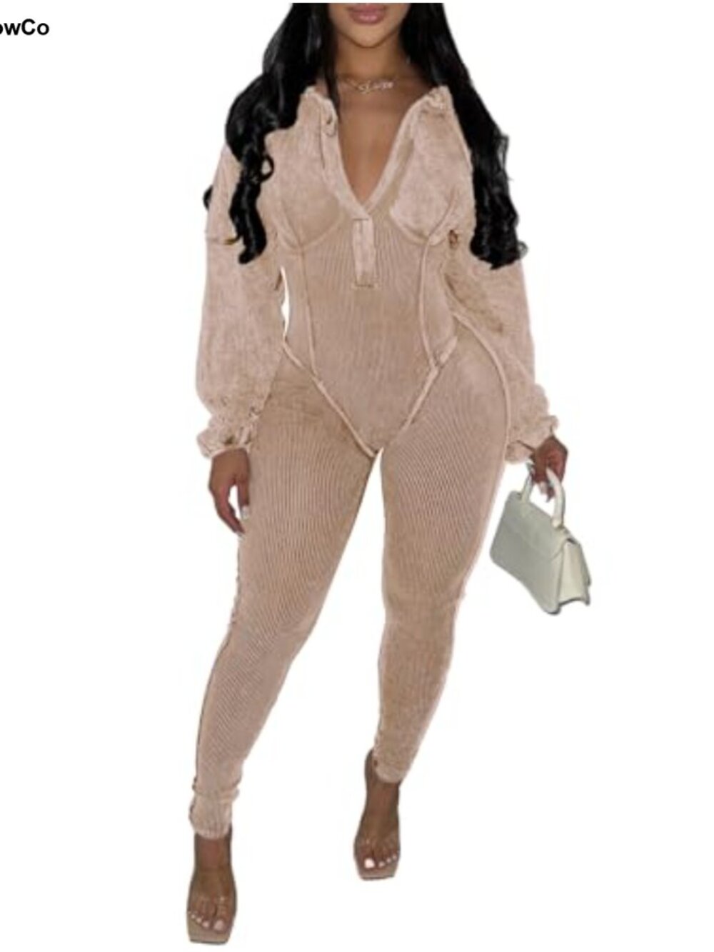 Women Jumpsuit Romper Bodysuit Bodycon One Piece Long Sleeve V Neck Slim Fit